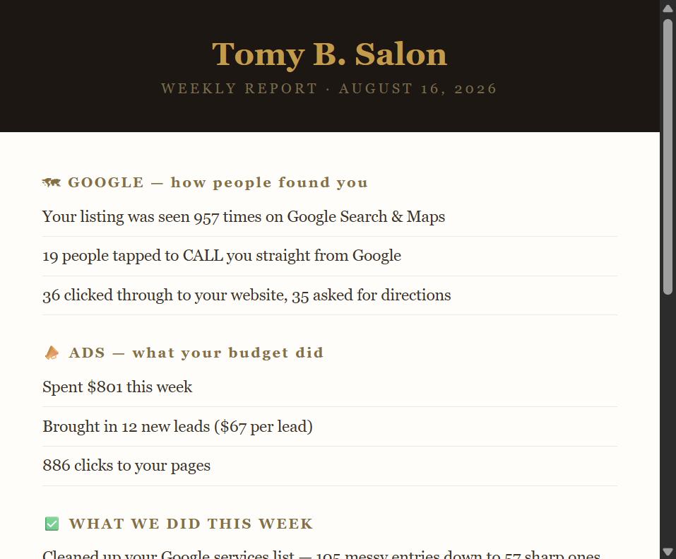 Weekly owner report example